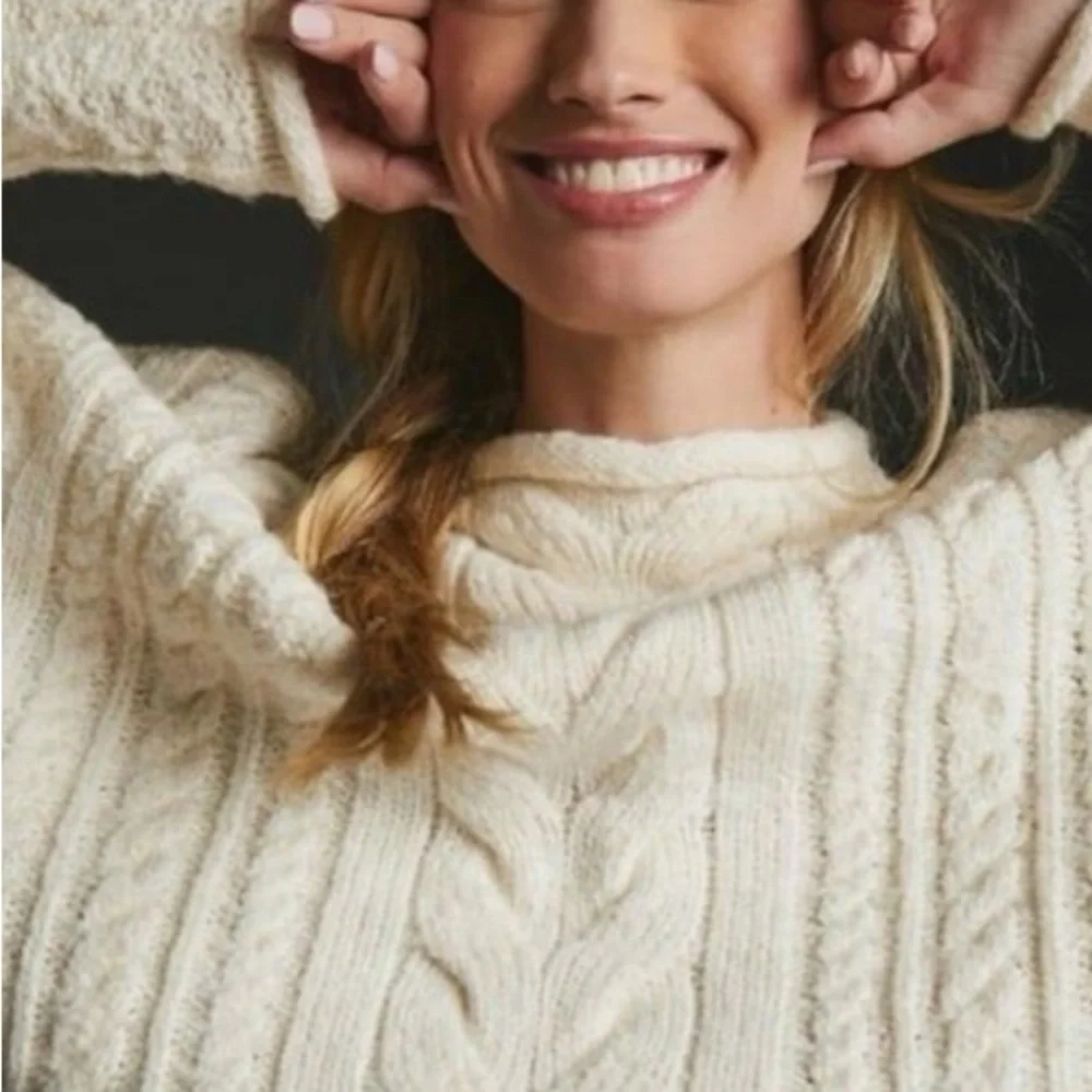 Anthropologie Ivory Cable Knit Turtleneck Sweater - Picture 3 of 4